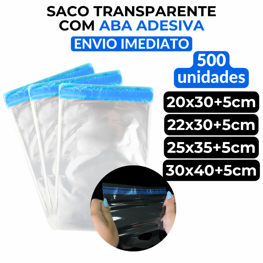 500 Saco Plástico Transparente Adesivado Resistente PP Várias Medidas Saquinho C/ Aba Polipropileno