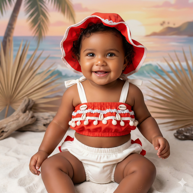 Conjunto Infantil Banho de Sol Praia Mar Bebê C/ Chapéu Fofo Moana Princesa Verão Leve Alcinha Luxo