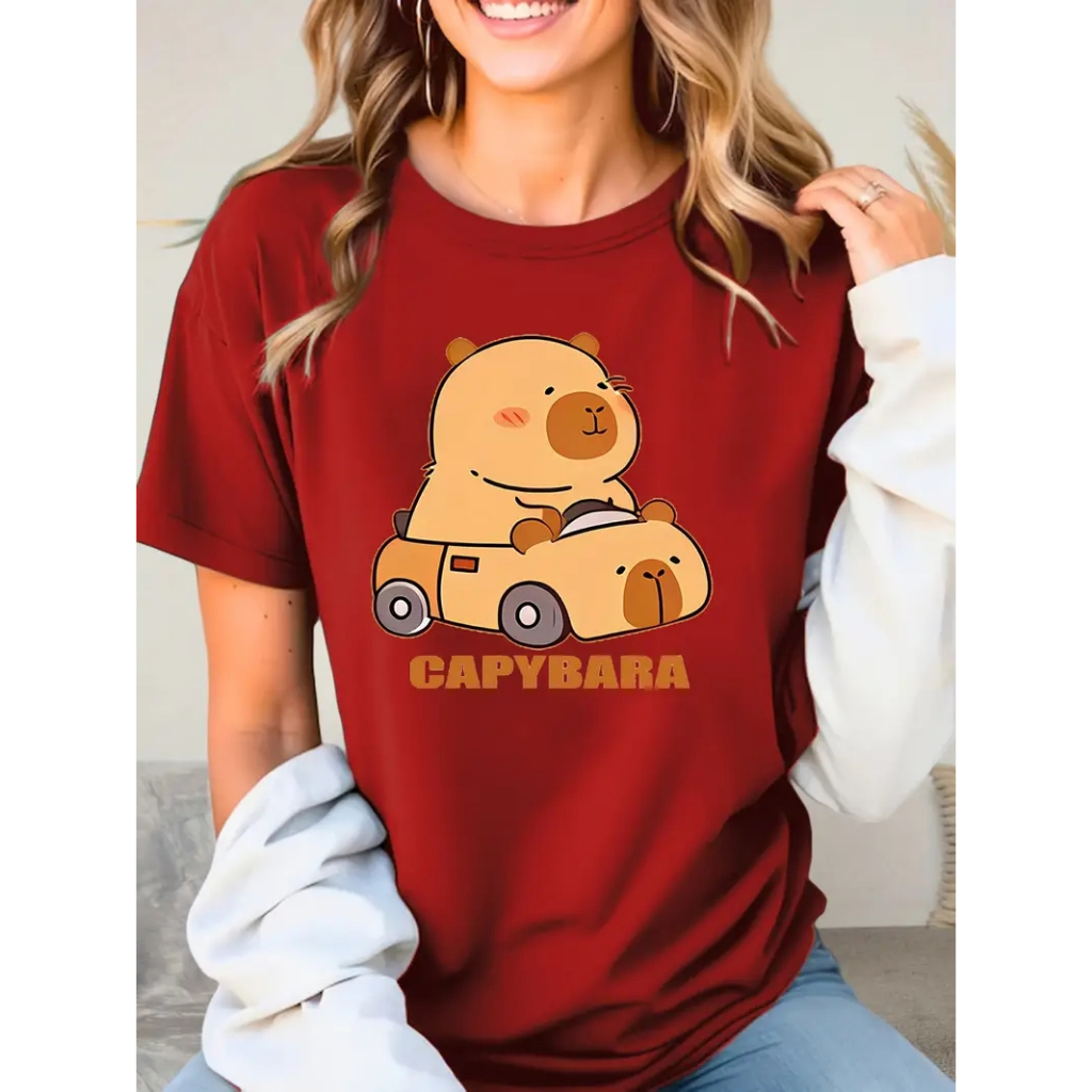 Camiseta Feminina Casual Algodão100% Estilo Versátil e Fofa Capybara Carrinho