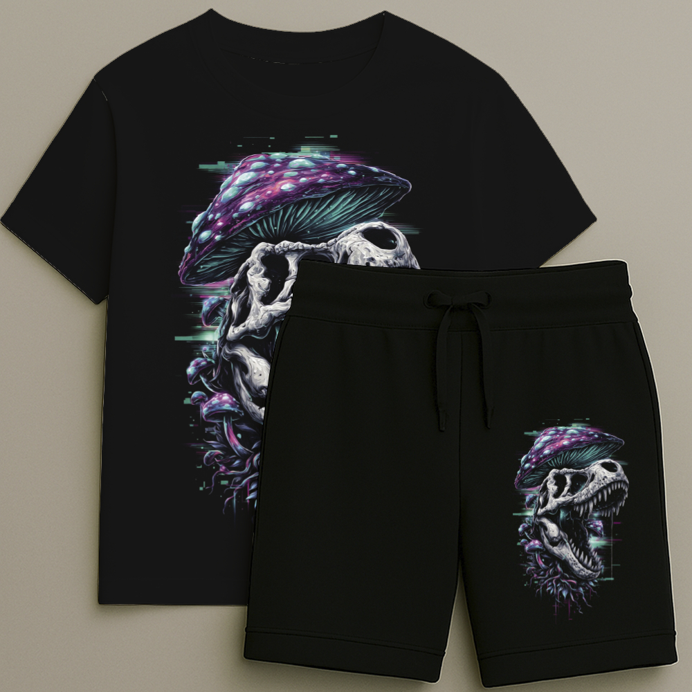 Camiseta e Bermuda Infantil Masculina Estampa Dinossauro Cogumelo Premium Qualidade Tamanho 2 ao 16