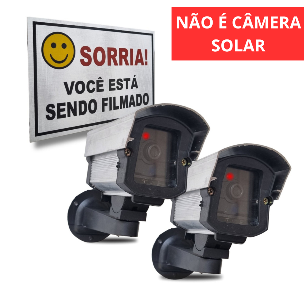Kit 02 Câmeras Falsas Micro com Led Bivolt + Placa Sorria
