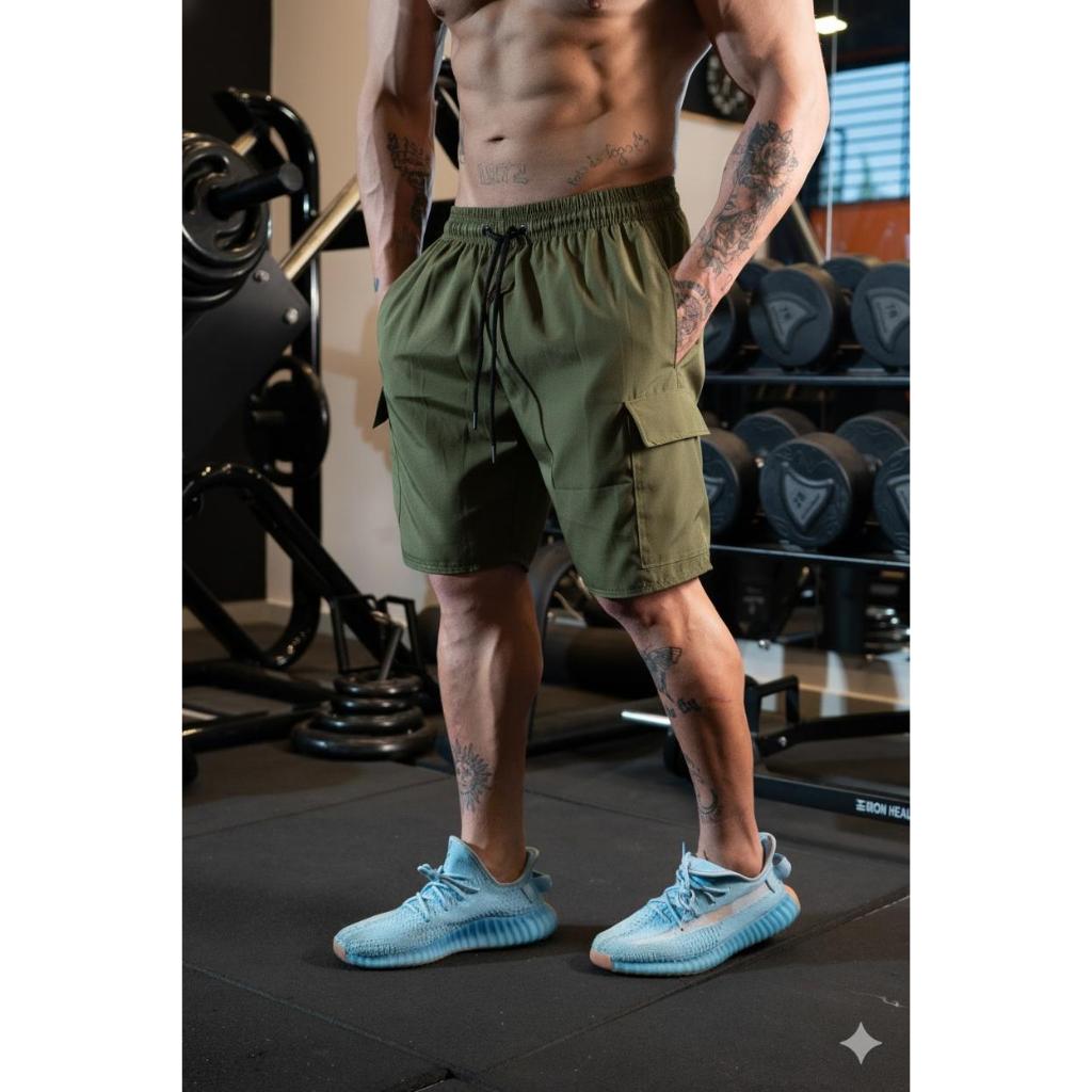 Shorts Cargo Masculina Com Bolsos Streetwear Tactel e Elastano Casual