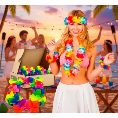 Kit 40 Colar Colares Havaiano Colorido Plástico 24 Flores Carnaval Havai Fantasia Piscina Balada Lua