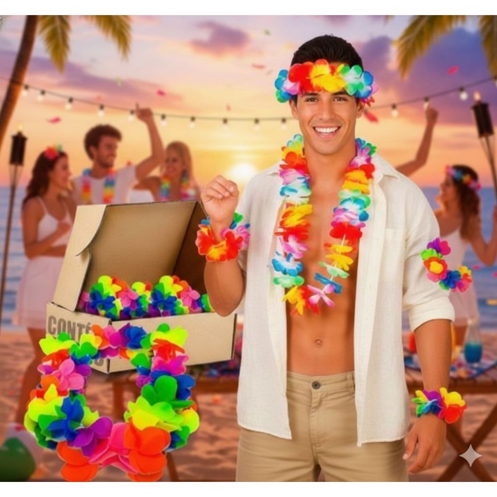 Kit 10 Colares Havaiano Colorido 24Flores Cordão Carnaval Havai Fantasia Festa Piscina Balada Luau