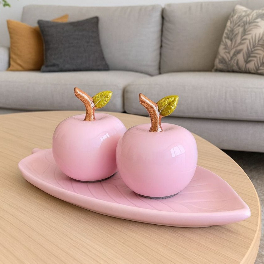 Kit Dupla de Maçãs com Base em Cerâmica - Centro de Mesa Enfeites Decorativos Sala Decoração Casa