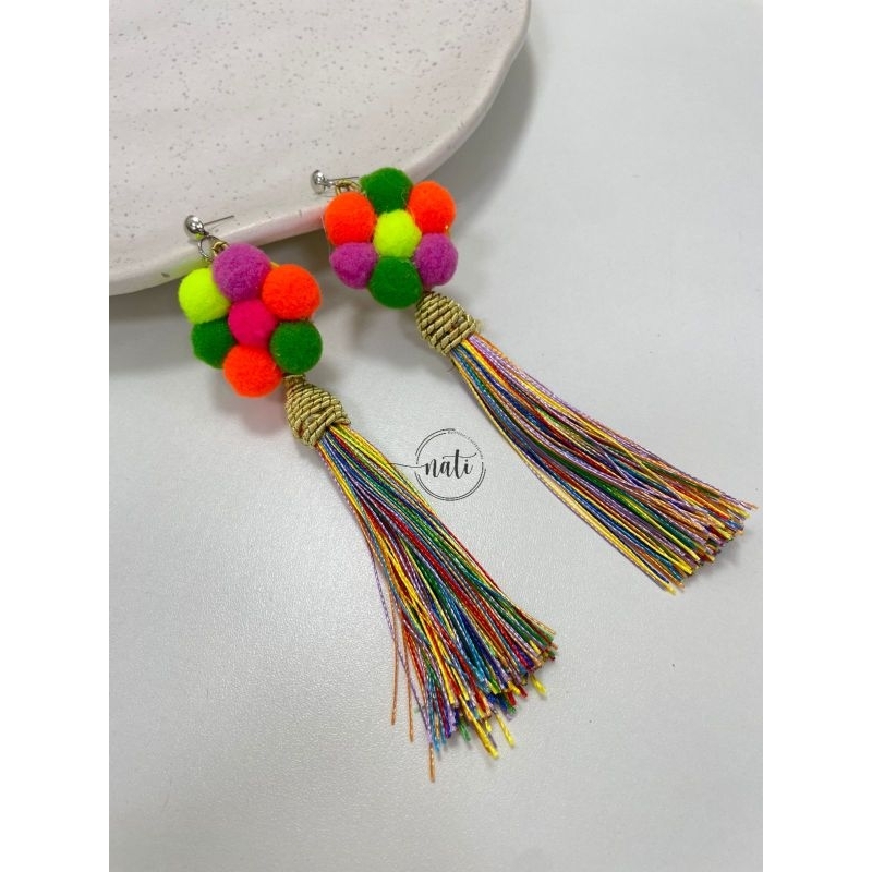 ​Brinco Feminino Maxi Tassel Boho Pompom Coloridos Artesanal Carnaval