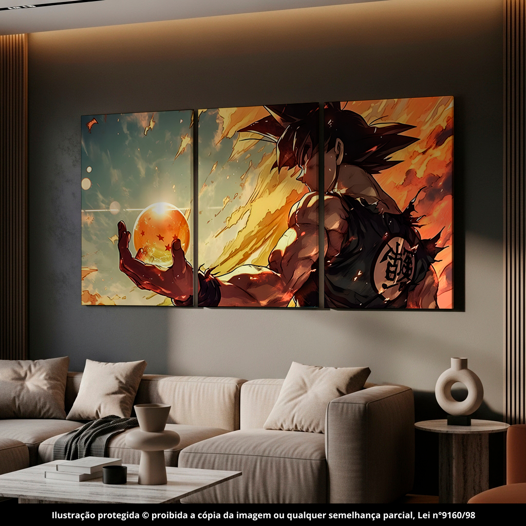 Quadro Decorativo 3 Peças Son Goku Esfera do Dragão DBZ Sala Quarto Luxo Kit 122x60cm Decoração em Oferta na Shopee