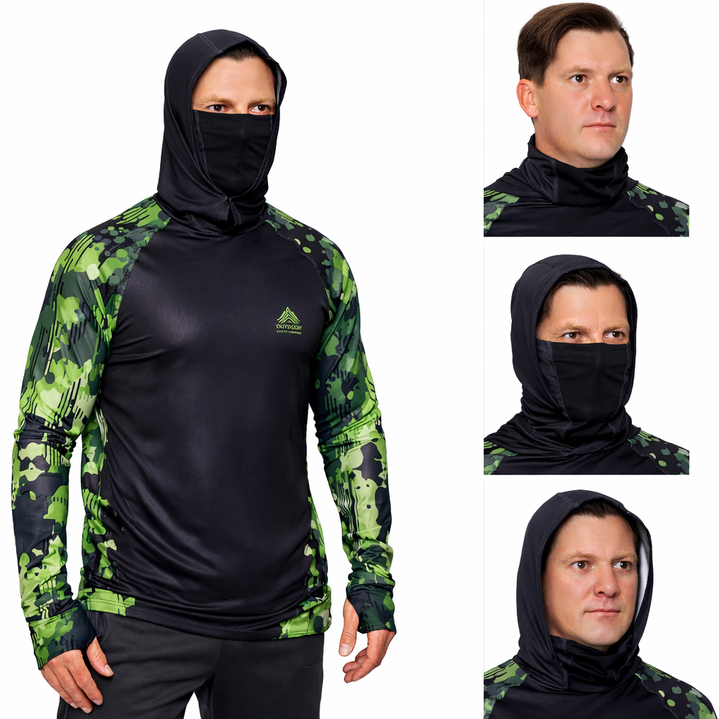 Camiseta de Pesca 6 em 1 Camuflada – Kit Completo Aventura com Touca e Luva
