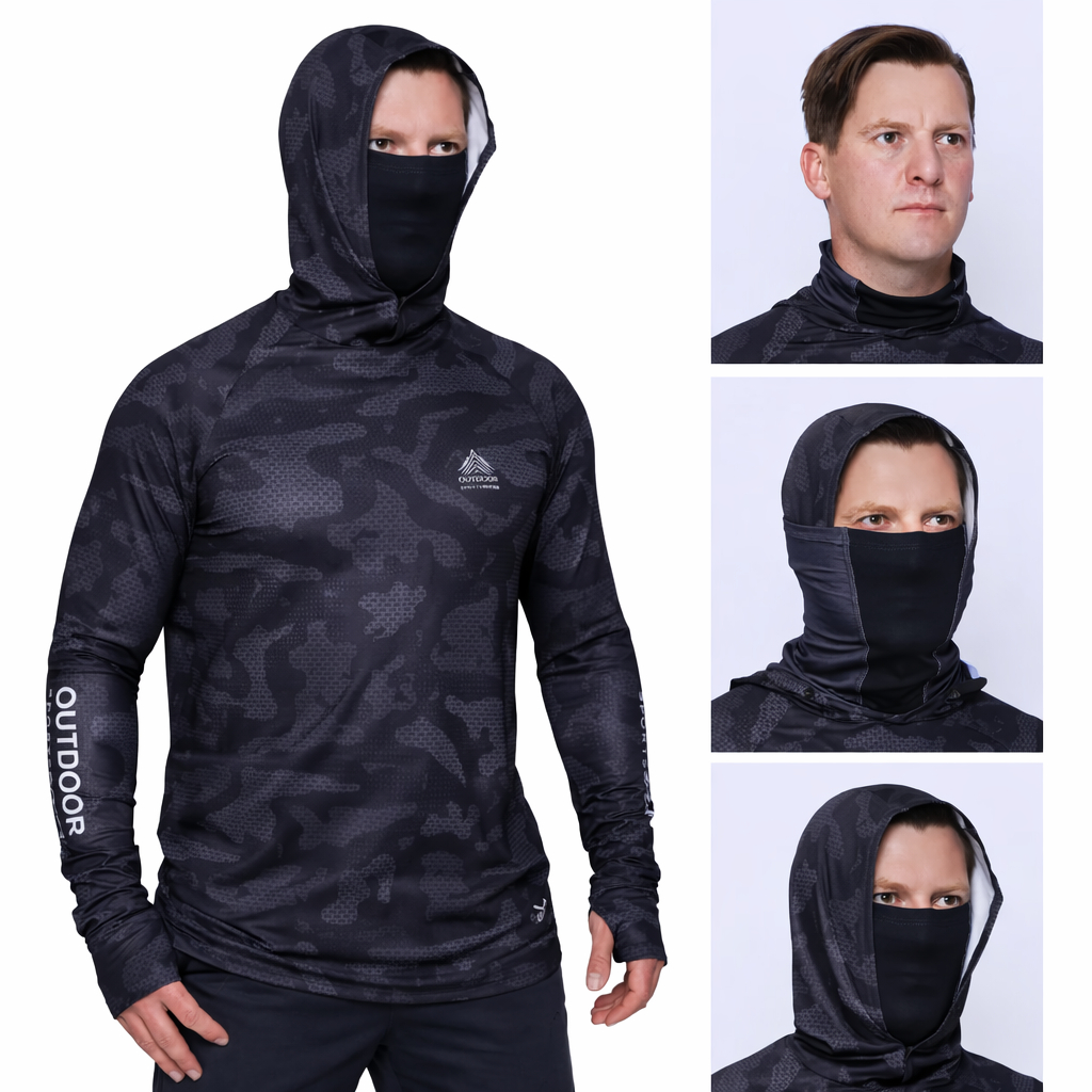 Camiseta de Pesca Kit 6-em-1 – Camuflado Preto com Luva, Touca e Tubeneck – Roupas de Pesca Aventura