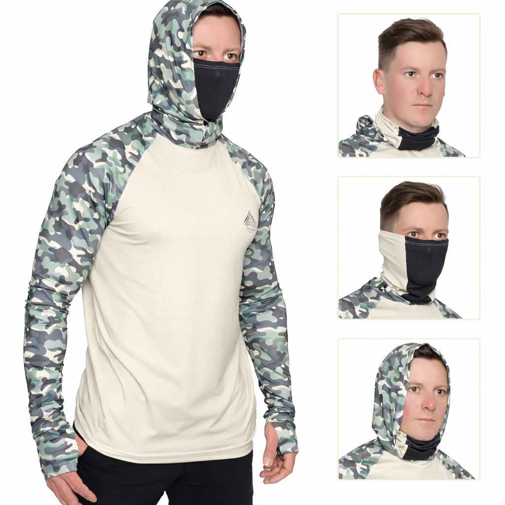 Camisa De Pesca Camuflada Com Touca Ninja Luva Bandana Uv50