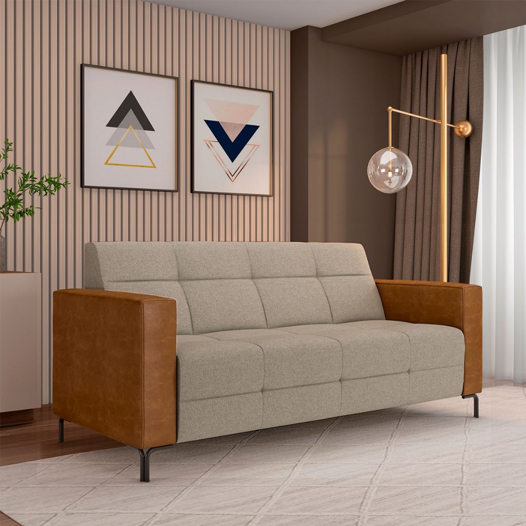 Imagem Sofá Living Decorativo Houston 2 Lugares 160cm Pés em Metal Linho/PU Bege Escuro/Caramelo G33 - Gran Belo