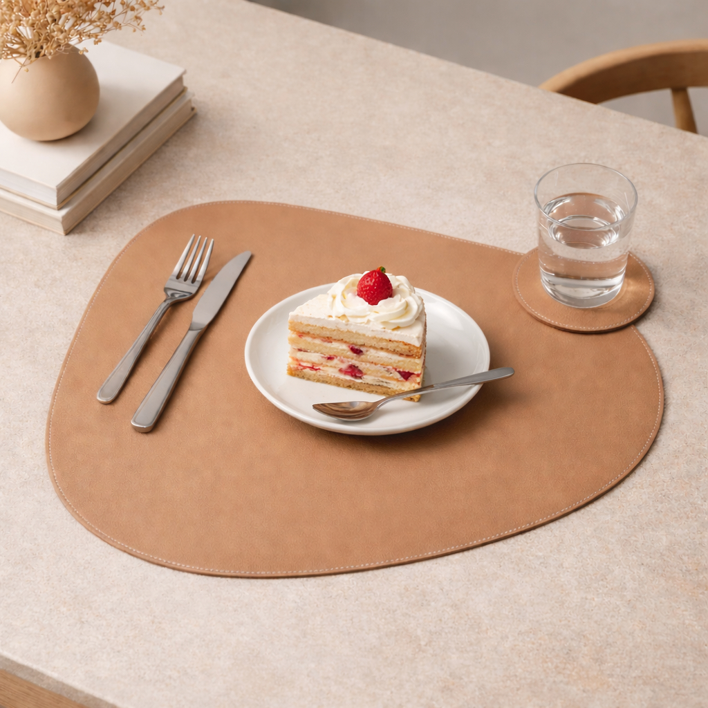 Kit Jogo Americano Oval  + Porta copo Organico Courino Mesa Posta Minimalista Kit Dupla Face