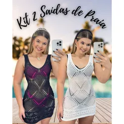 Kit 2 Vestidos Saída De Praia Curto Feminino Tricot Vazado Alça Decote U Moda Verão Férias Piscina