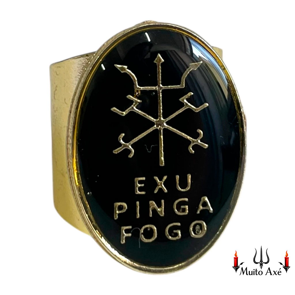 Anel Exu do Ouro 7 Covas Bará Lodo Ajustável Umbanda Candomblé Joia Tridente