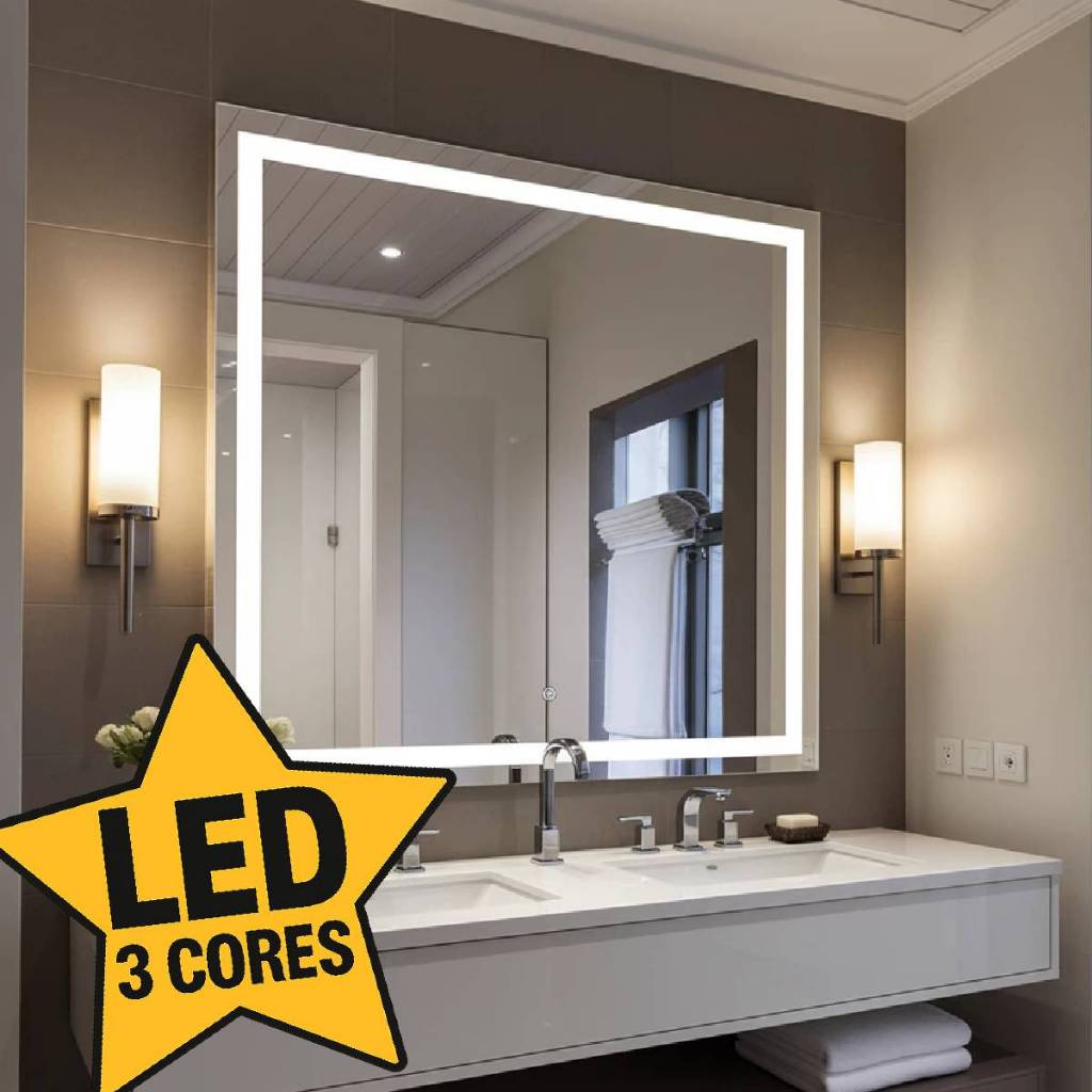 Espelho Quadrado Jateado com LED 3 CORES Botão Touch Decorativo Parede Prático Moderno