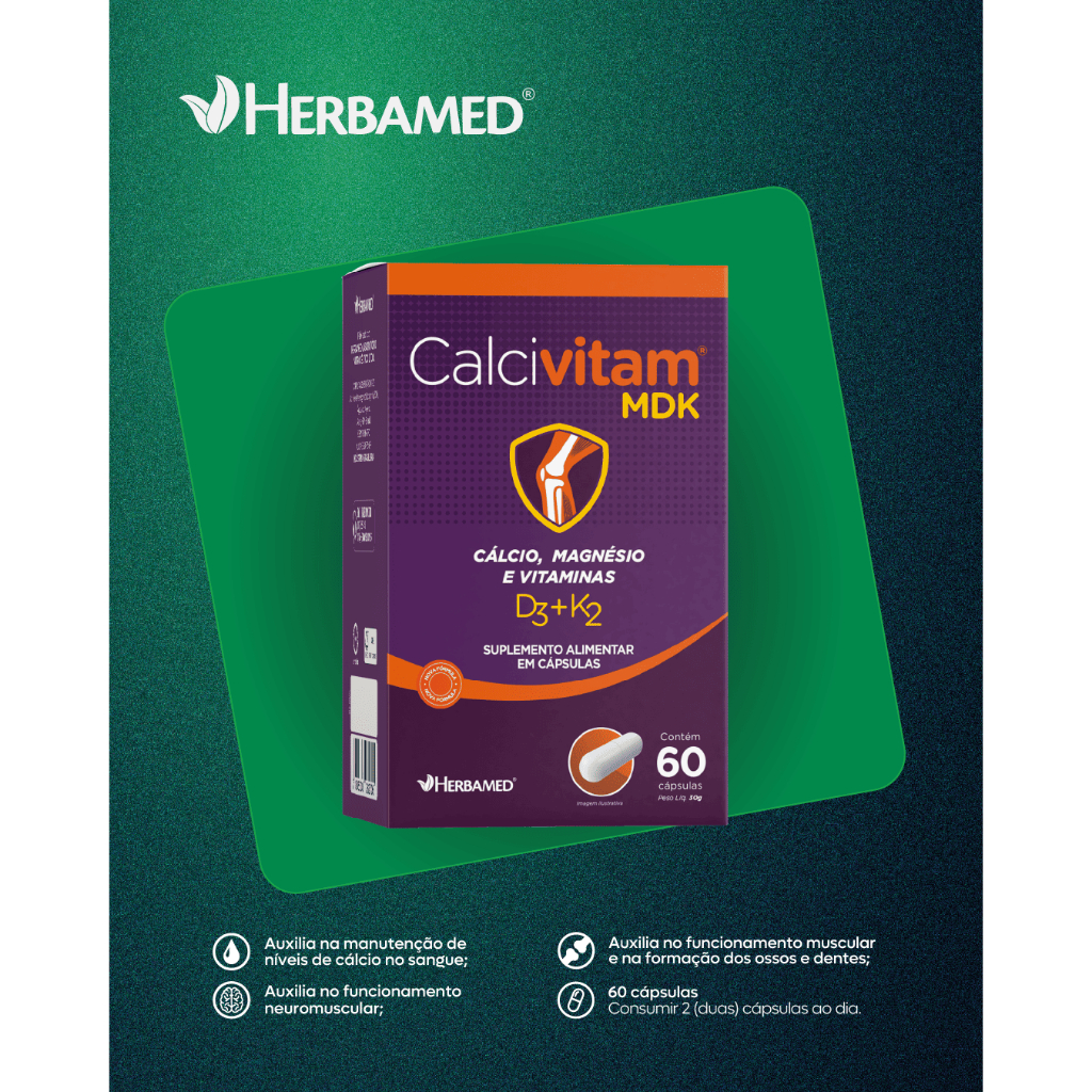 Calcivitam MDK 60 Cápsulas Cálcio Magnésio Vitaminas D3 K2 500mg Herbamed