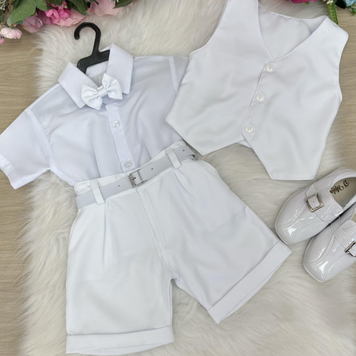 Conjunto Social Infantil Branco Menino com Colete e Gravata Batizado