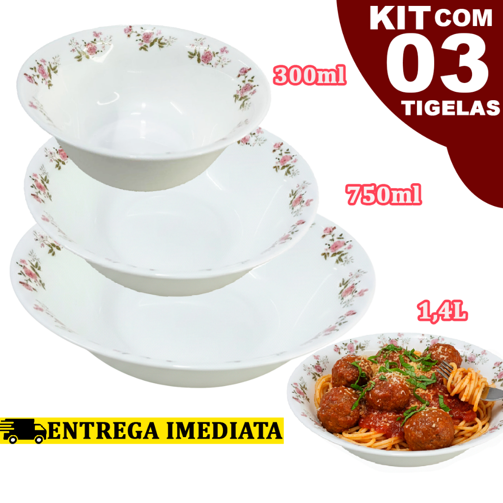 kit Jogo de 3 tigelas Travessas redonda Flowers  Vidro Temperado Opaline kit tigela Branca