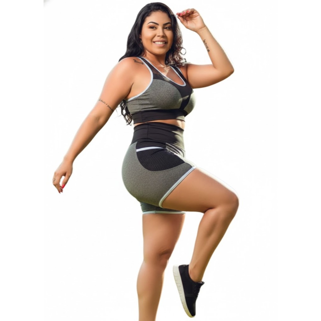 Kit 2 Conjuntos Academia Fitness Top e Short com Bolso Celular Suplex Feminino Cintura alta Top