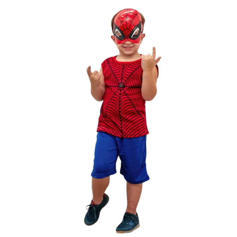 Fantasia Homem-Aranha Infantil Completa: camiseta + shorts + máscara, conjunto confortável para criança, ideal para fest
