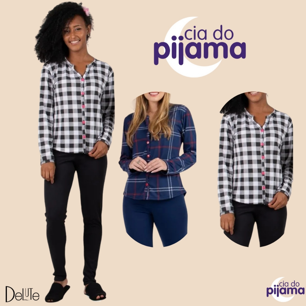 Pijama Feminino Xadrez Aberto Com Botoes Camisa e Calca Longa Para o Frio Modelo Americano