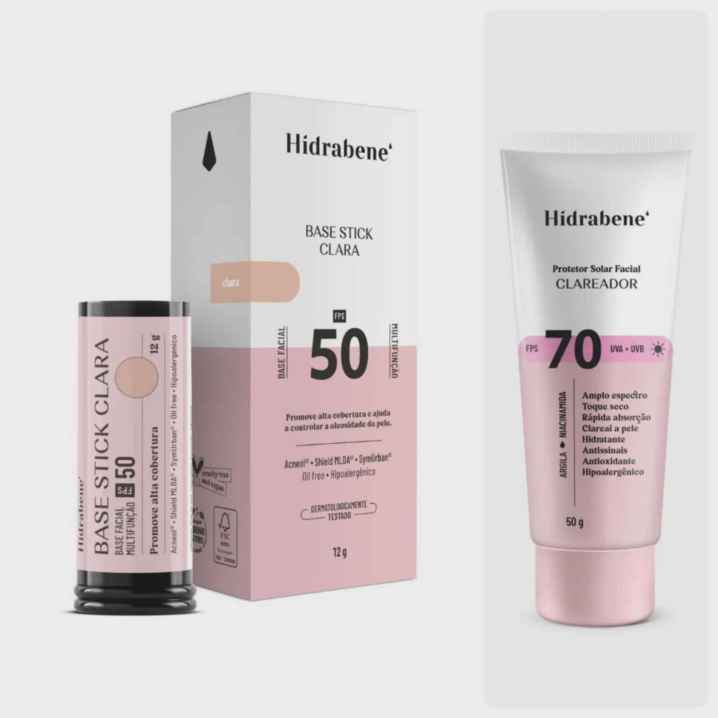 Kit Base Facial Stick Com Protetor Solar Fps 50 Clara + Protetor Solar Facial FPS 70 Clareador Hidrabene