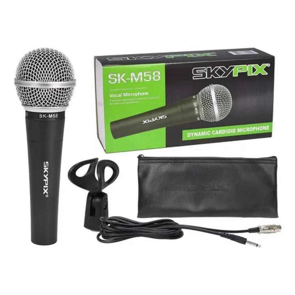 Microfone Cardióide Dinâmico 58 - Skypix SK-M58 com Cabo, Cachimbo e Bag transporte