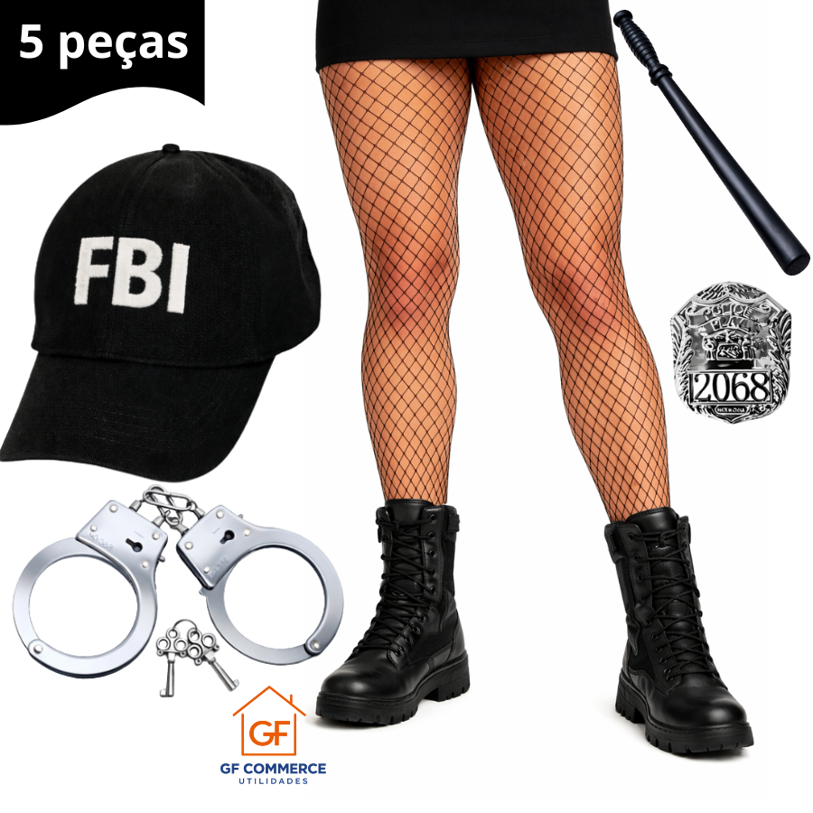 Kit Fantasia Completa de Policial  FBI Feminina Policia Carnaval Halloween Bloquinho Boné Cassetete Algema Distintivo