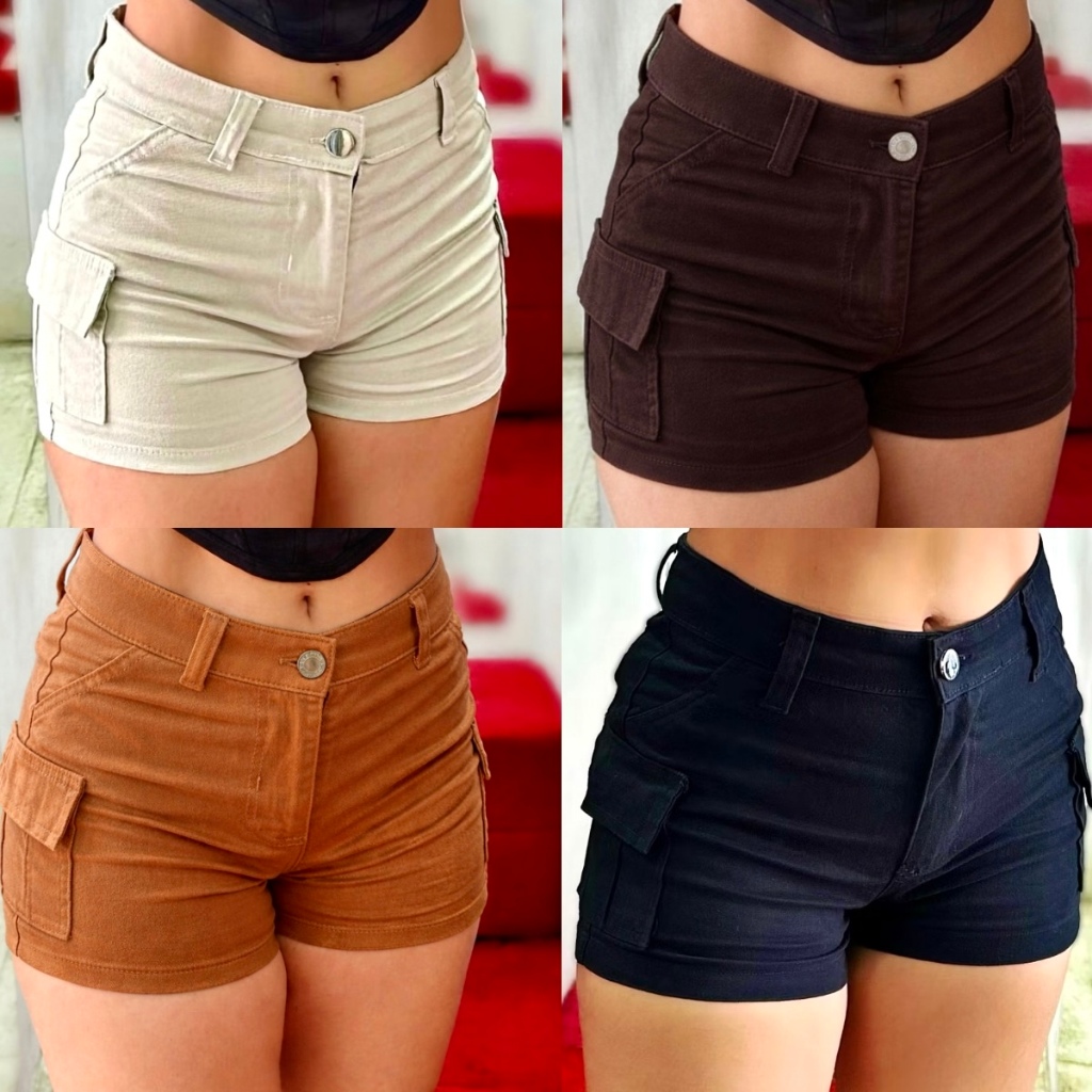 Short Cargo Jeans Denim Sarja Feminino Cintura Alta Modela Bumbum Linha Premium Bolso Laterais Cores em Oferta na Shopee