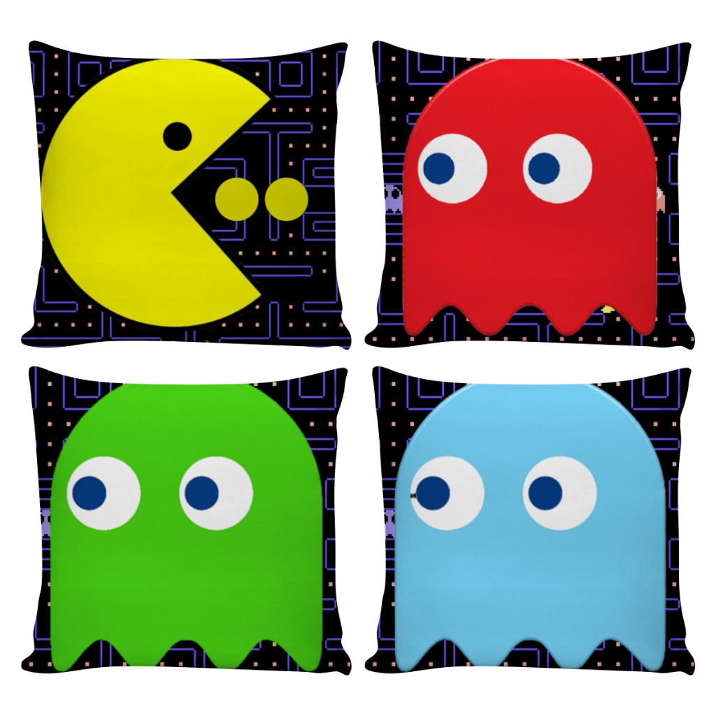Kit 04 Almofadas Decorativas Pac-Man Geek, Retro e Divertidas para Sala ou Quarto Gamer 45x45
