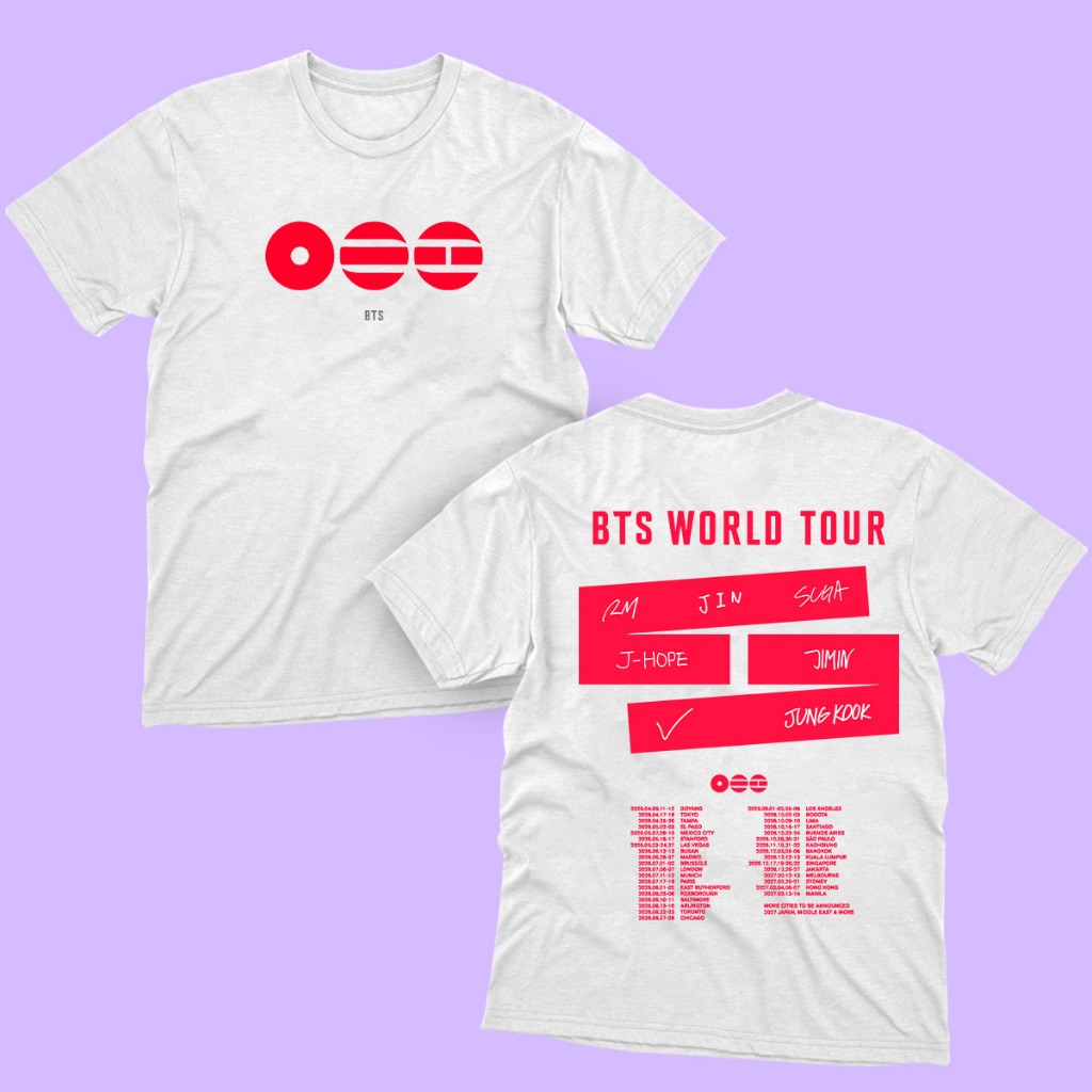 Camiseta BTS World Tour 2026 Frente + Costas Kpop 100% Algodão Unissex em Oferta na Shopee