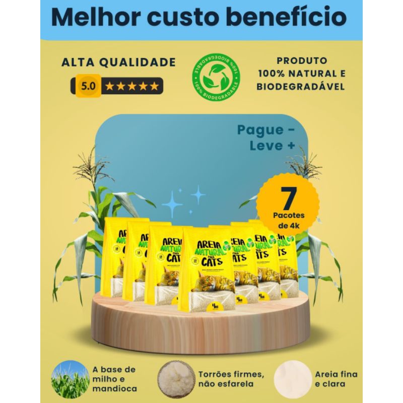 KIT COM 7 PACOTES AREIA HIGIÊNICA NATURAL BIODEGRADÁVEL MILHO E MANDIOCA PARA GATOS TIGER CATS 4KG em Oferta na Shopee