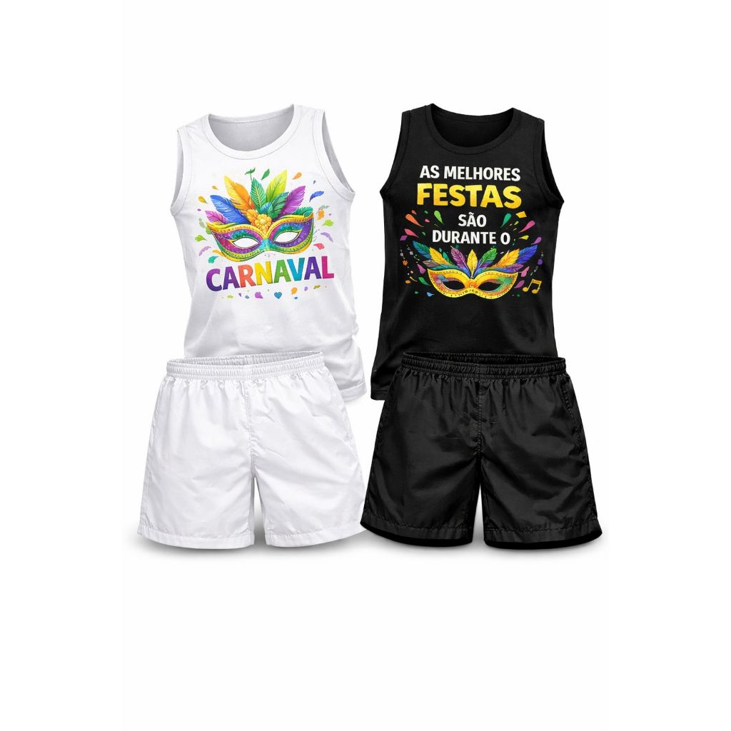 Kit Masculino com camiseta regata cavada, short tectel, estampa carnaval, festa, folia.