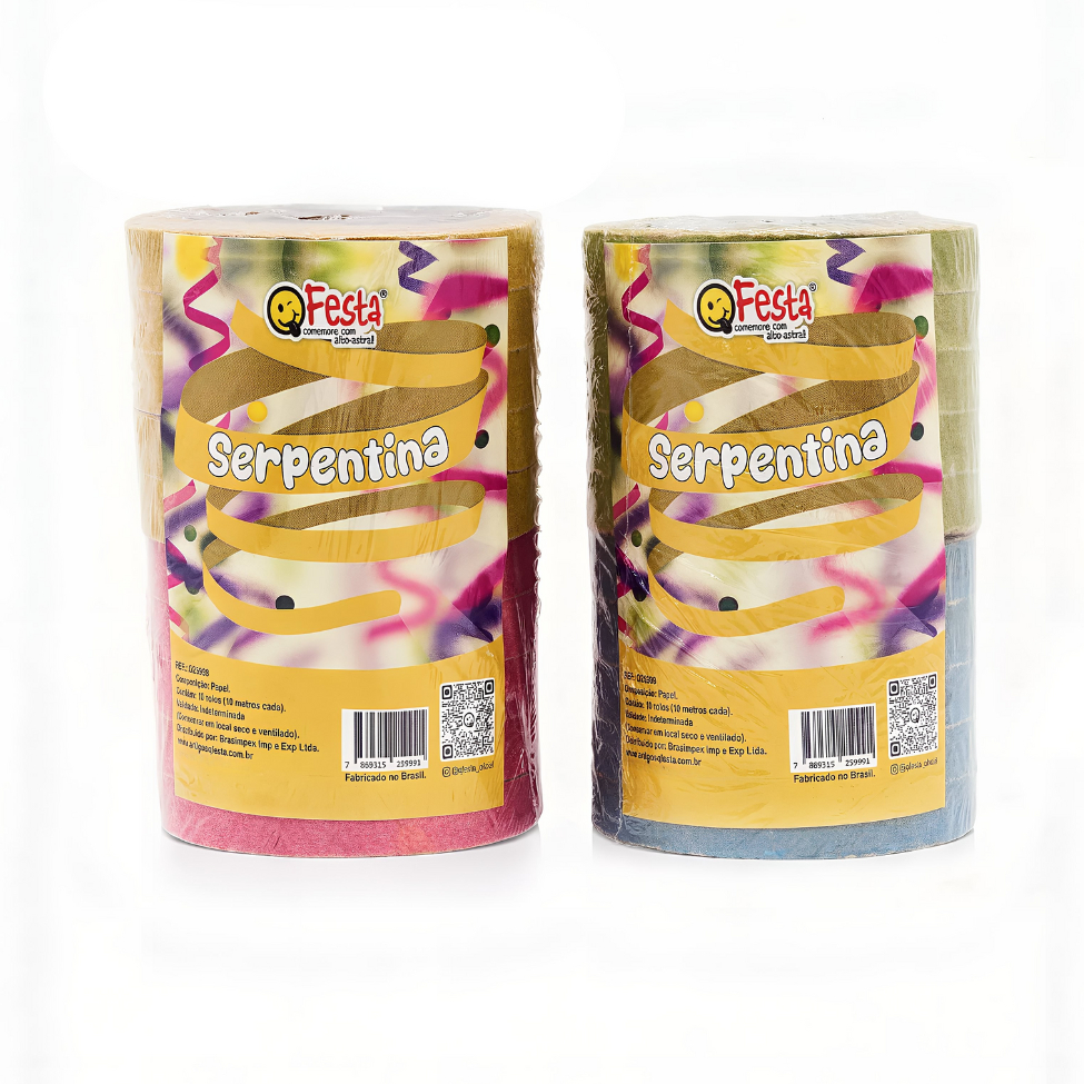 Kit 2 Serpentina 20 Rolos 10m Papel Verde Azul Amarelo Rosa Carnaval Festa Folia Decoração Joga
