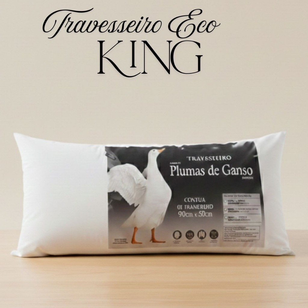 Travesseiro ECO KING Plumas 90cm X 50cm De Ganso Hipoalergenico Antiacaro Confortavel e Macio
