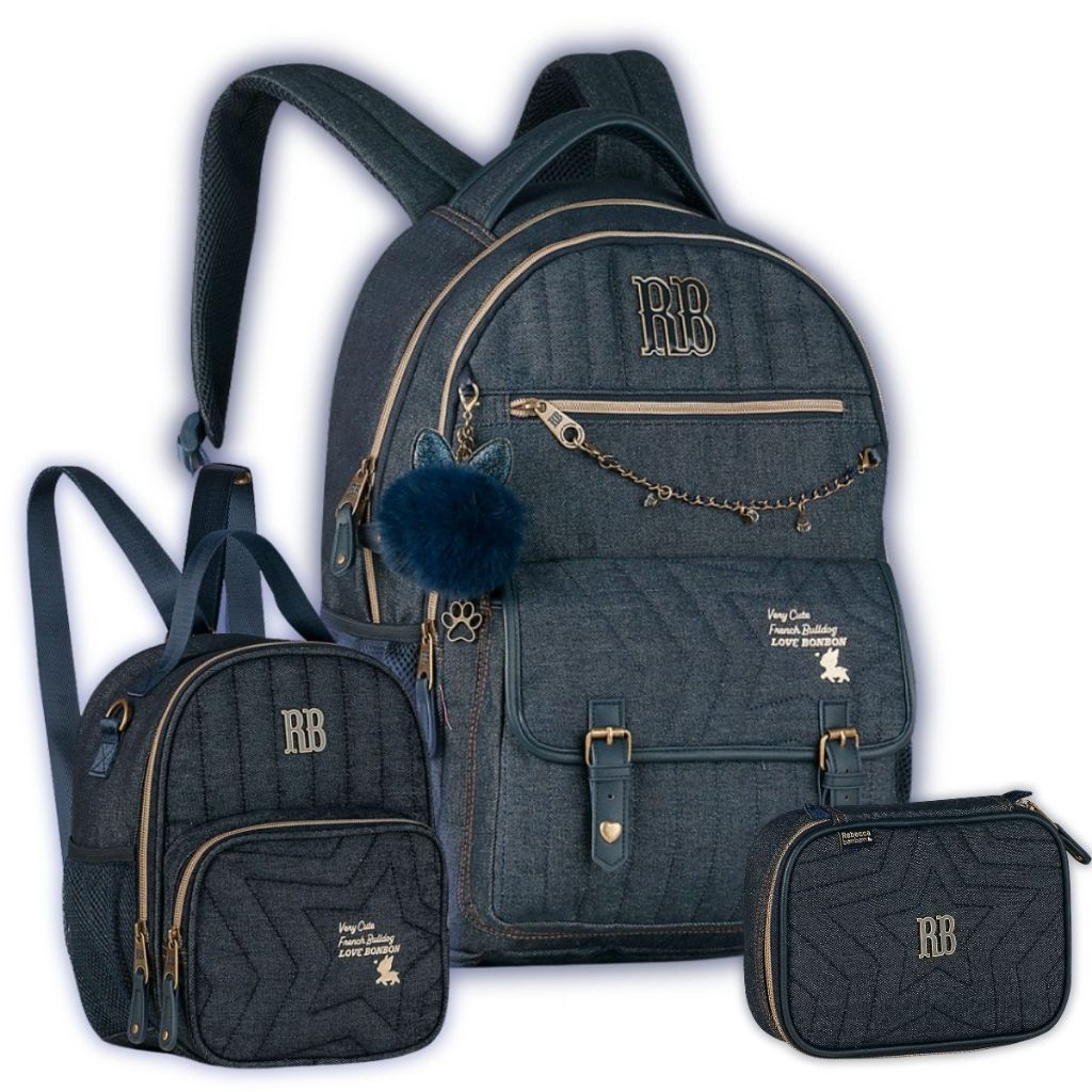 Kit Mochila Costas Jeans Rebecca Bonbon Lancheira e Estojo