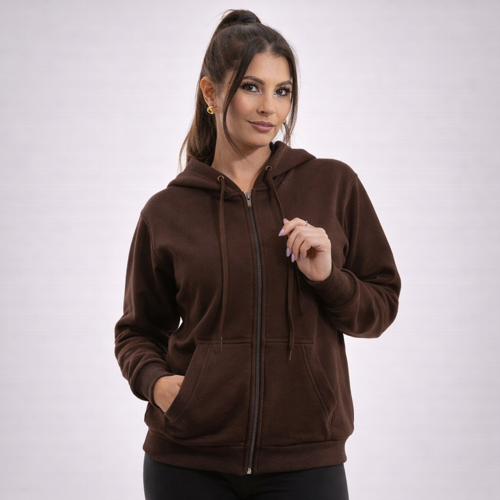 Moletom Feminino Ziper Grosso 2 Cabos Casaco Blusa de Frio Canguru Estilo Jaqueta Com Capuz
