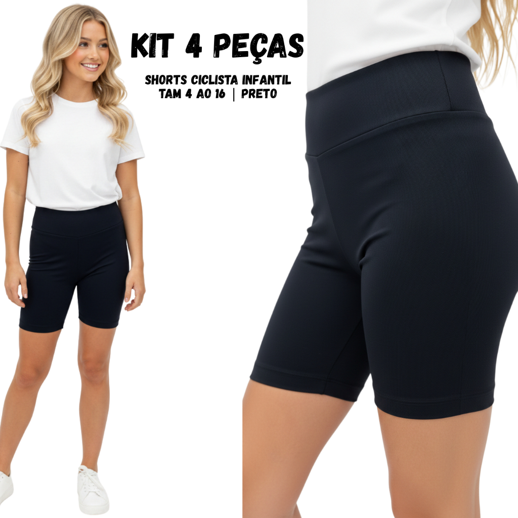 Kit 4 Shorts Ciclista Infantil e Juvenil Preto Menina - Bermuda Básica Lisa Leve Escola Uniforme