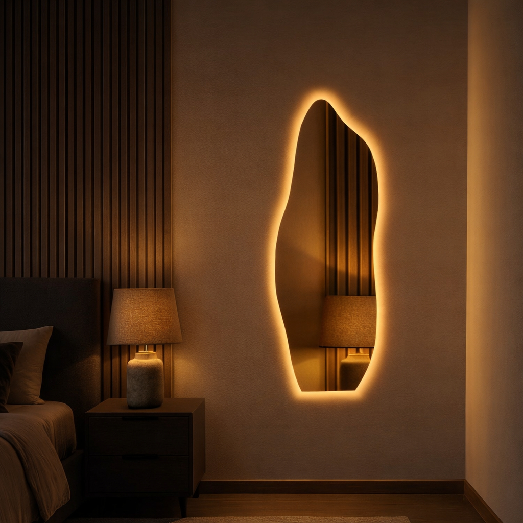 Espelho Grande De Parede Orgânico Com Led Flame Banheiro Sala Quarto Luz Quente  Fria Neutra Bivolt Polido