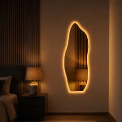 Espelho Grande De Parede Orgânico Com Led Flame Banheiro Sala Quarto Luz Quente Fria Neutra Bivolt Polido