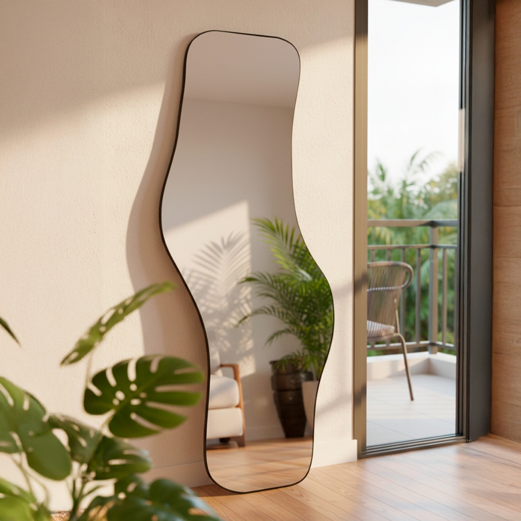 Espelho Waves de Parede 170x70 – Design Orgânico com Acabamento em Couro Ecológico em Oferta na Shopee