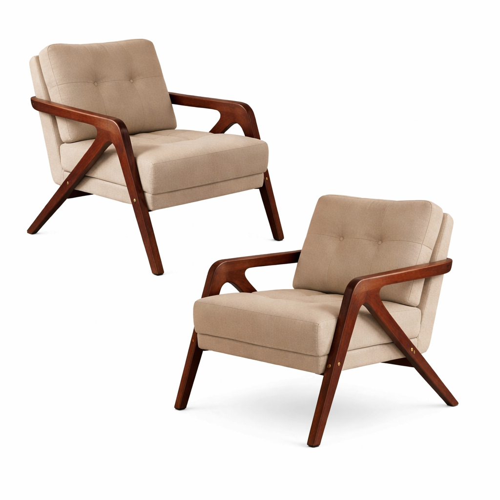 Kit 2 Poltrona Decorativa Mona Linho Desenho Nervura Pé Madeira Maciça