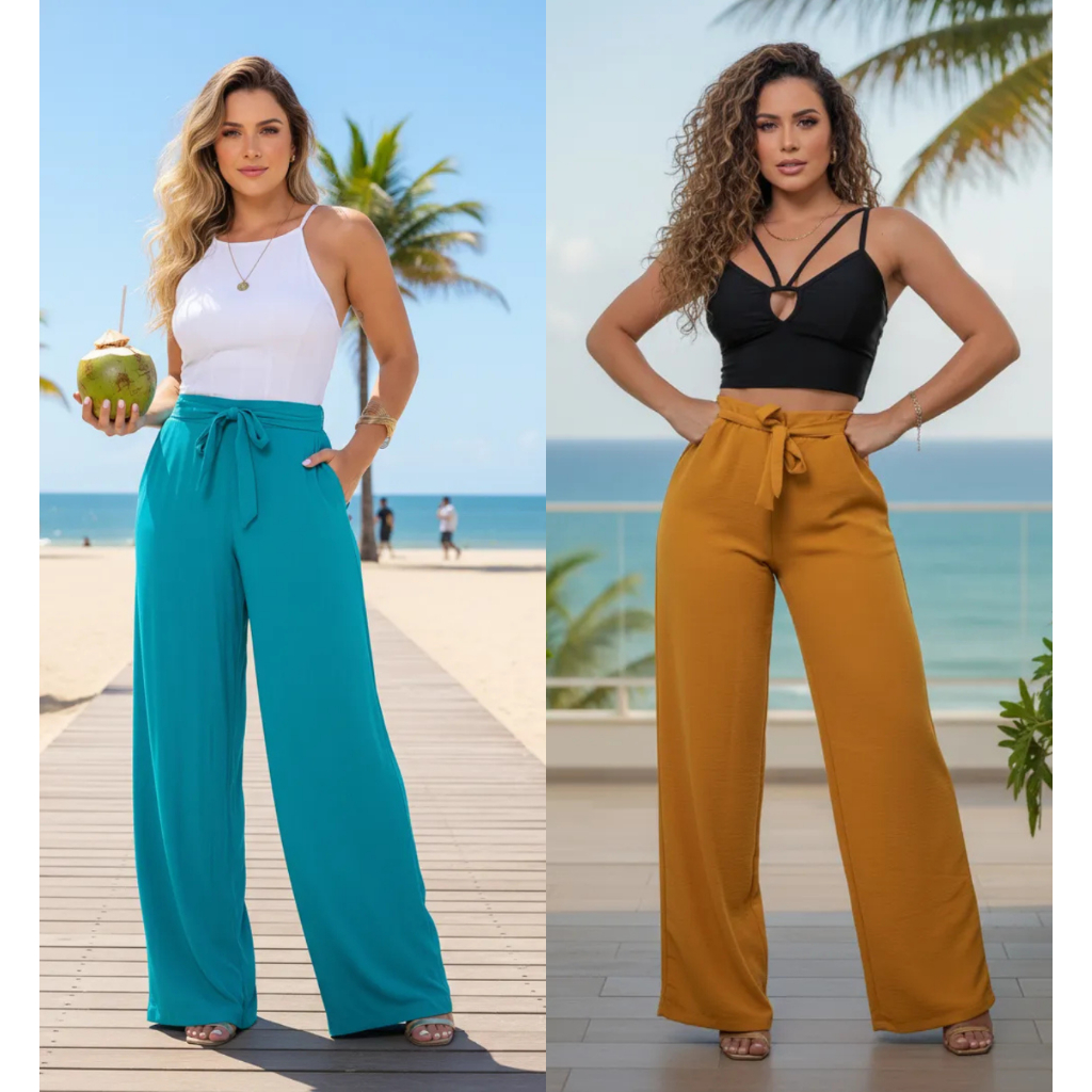Calça Pantalona Kit Com 2 Peças Cintura Alta Com Forro Boca Larga Solta / Casual/Social/Esporte Fino Super Leve