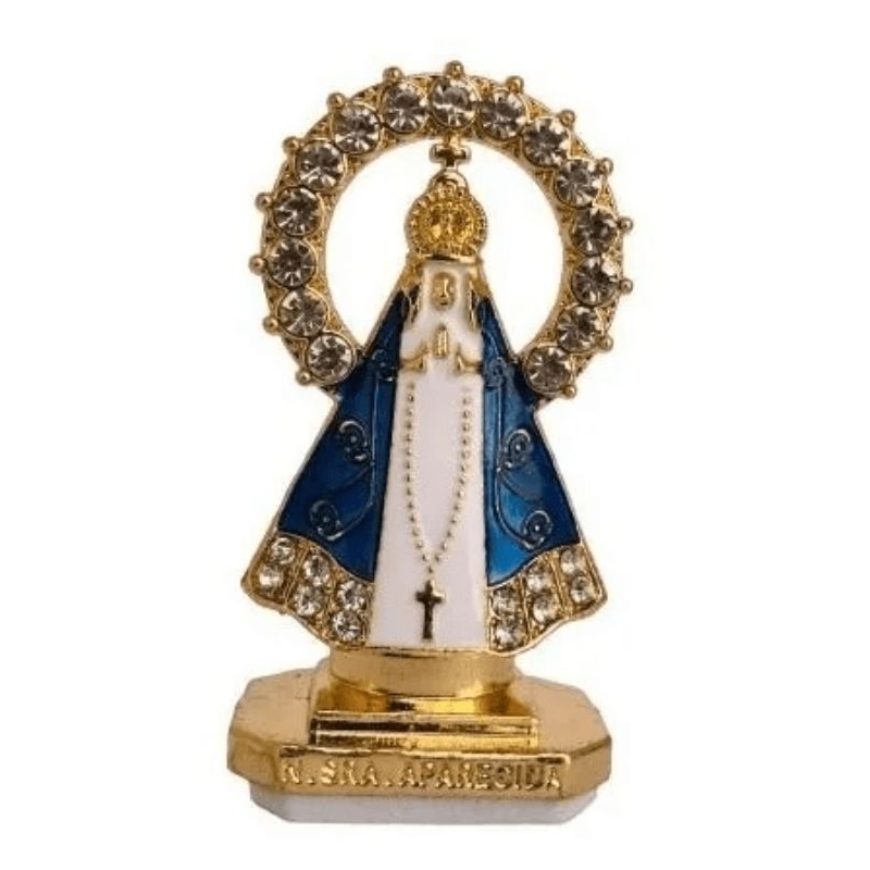 Mini Imagem de Nossa Senhora Aparecida de Metal com Coroa de Strass para Carro, Fita Dupla Face.