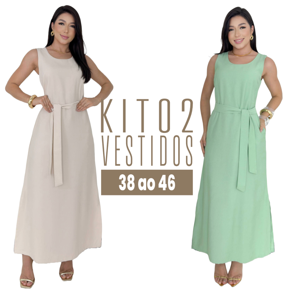 Kit 2 Vestidos Femininos Longos Marrant com Cinto Versátil Elegante Soltinho Verão Envio Imediato em Oferta na Shopee