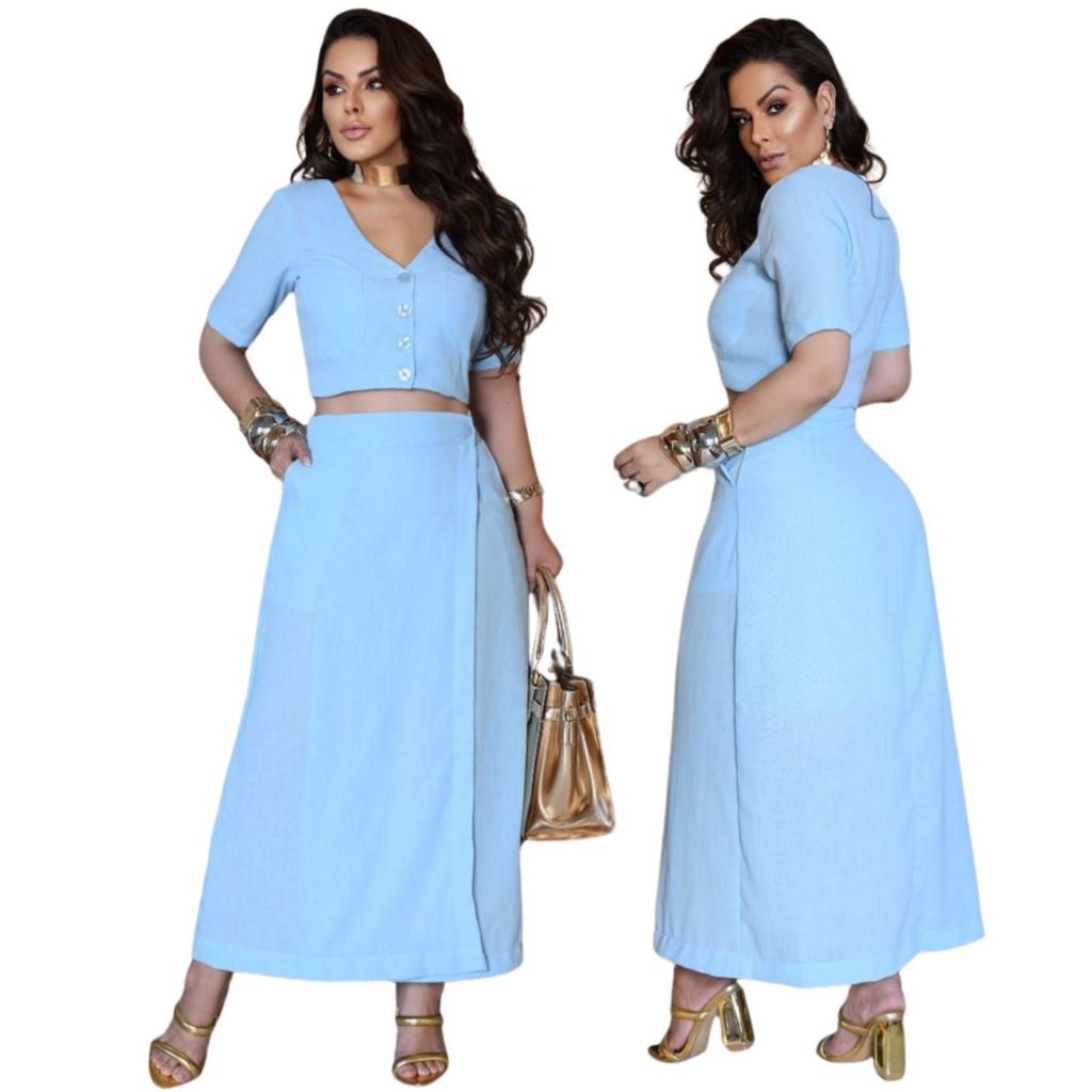 Conjunto Saia Envelope Midi Forrada e Cropped Chique Linho Tendência 2026