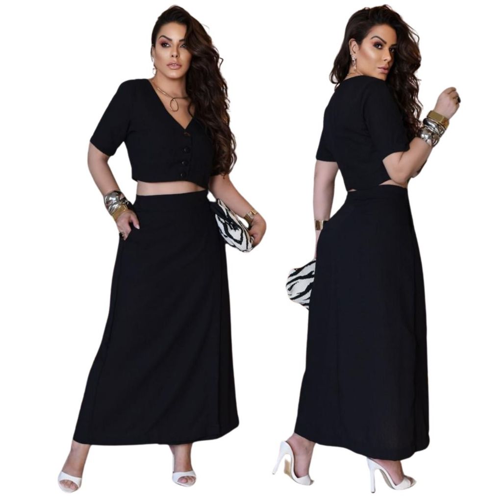 Conjunto Feminino De Linho Saia Midi Envelope Com Bolso e Cropped Elegante Forrado