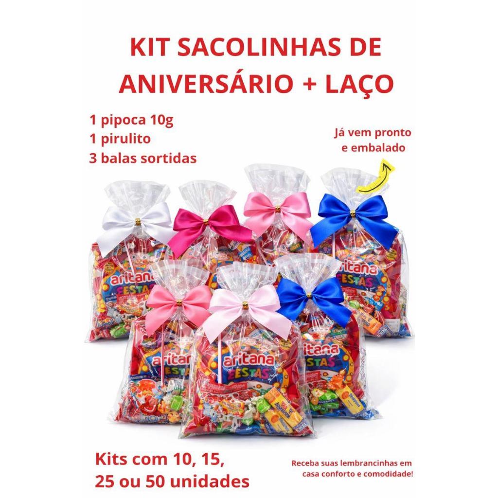 kit Saquinho Sacolinha Para Festas Com Pipoca Doce, Pirulito, Balas, com laço