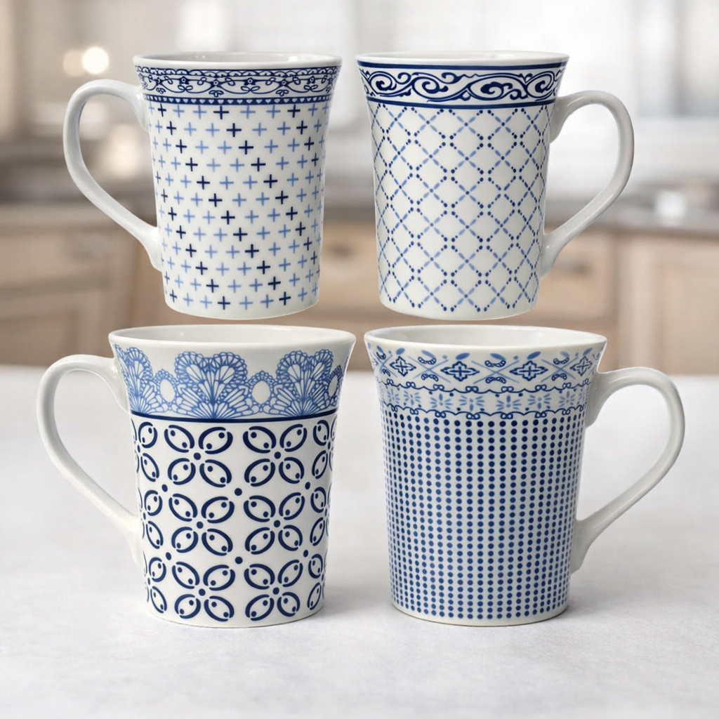 Caneca de Porcelana Estampada 350 ml | Estilo Geométrico Azul e Branco em Oferta na Shopee