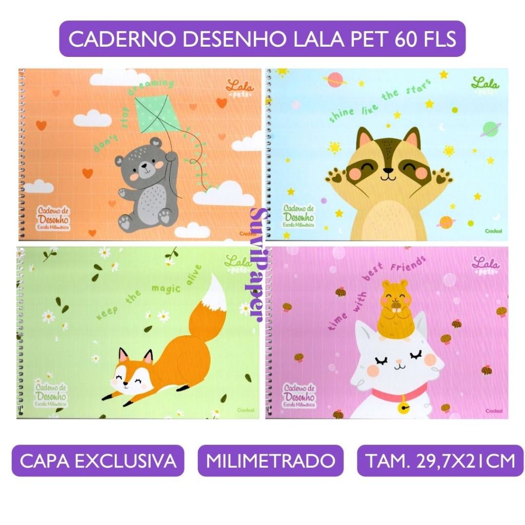 Caderno de Desenho e Cartografia Lala Pets - Credeal  - Espiral, Capa Dura 80 Folhas 29,7x21cm